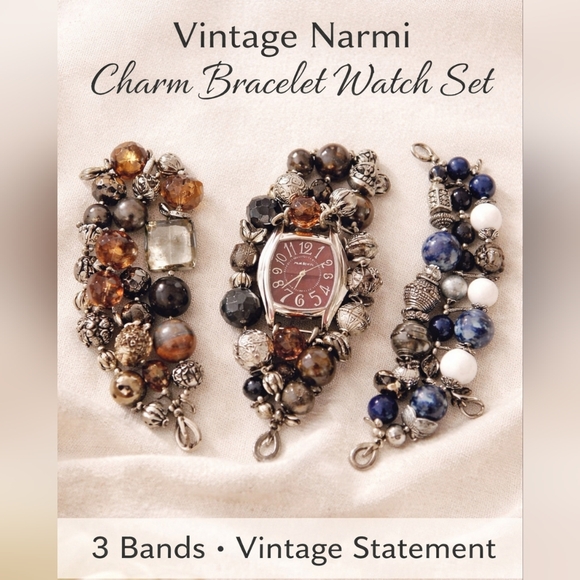 Vintage Narmi Charm Bracelet Watch Set3 Interchangeable Bands Statement